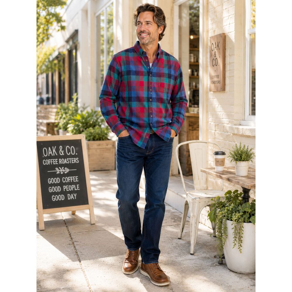 Lands' End Men's M Flannel Shirt Red Blue Teal Plaid Button Down